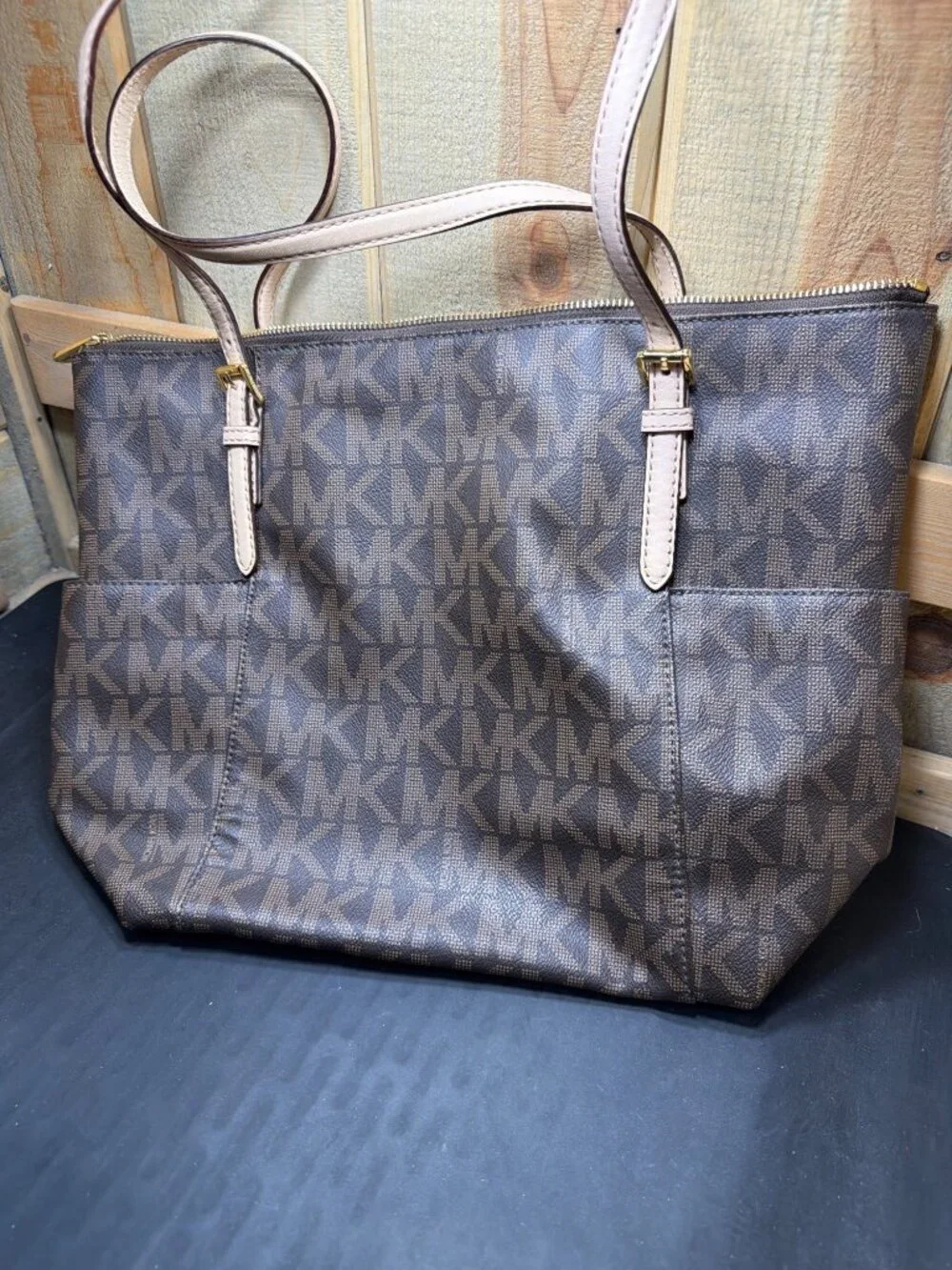 Michael Kors Jet Set Brown Signature Monogram Zip Tote Shoulder Bag Womens MK